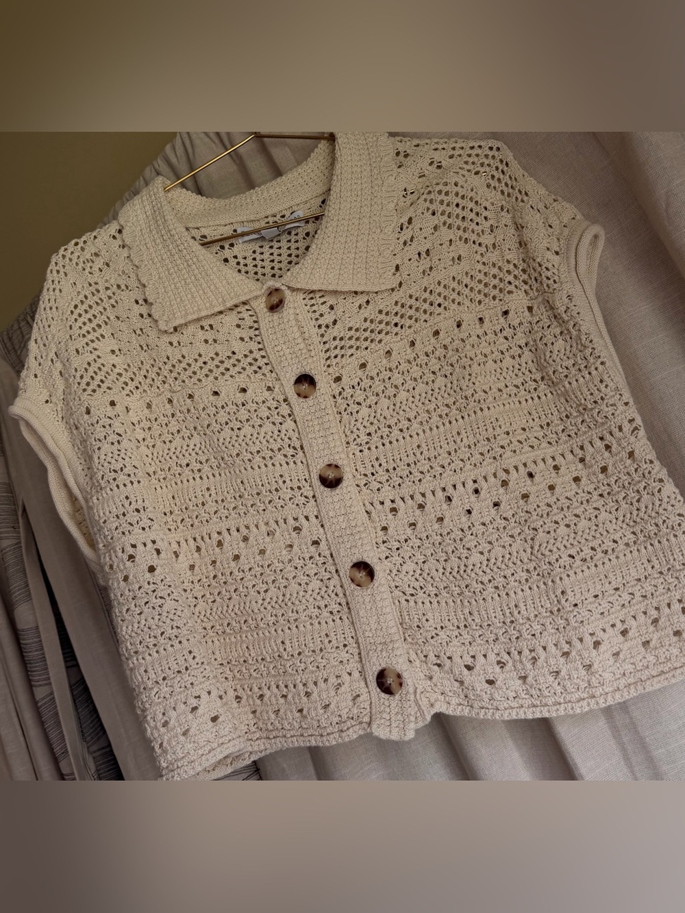 BEYOND the RADAR Open Knit Collared Cardigan in Cream Size Large